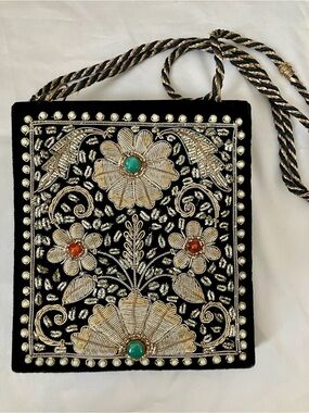 Vintage Embellished Floral Black Shoulder Bag with Gold Embroidery